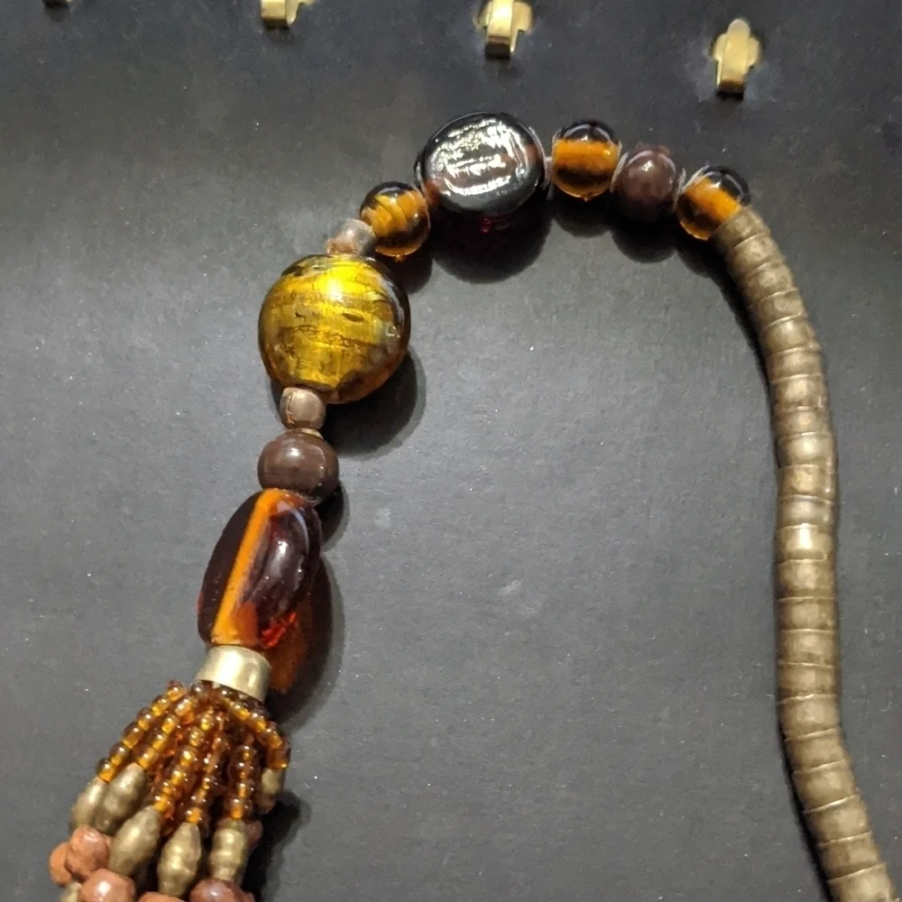 𝅺Brown Cream Neutral Tones Long Beaded Multi Strand Layered Statement Necklace